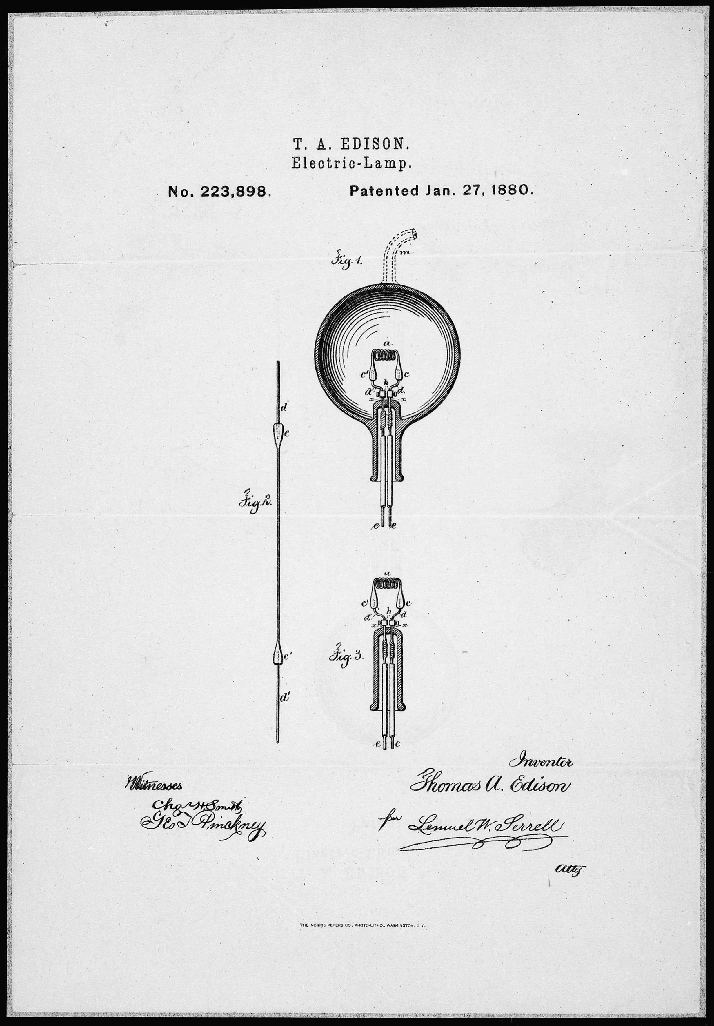 Thomas Edison's 1880 patent drawing of the incandescent electric lamp, showing the carbon filament and bulb structure.