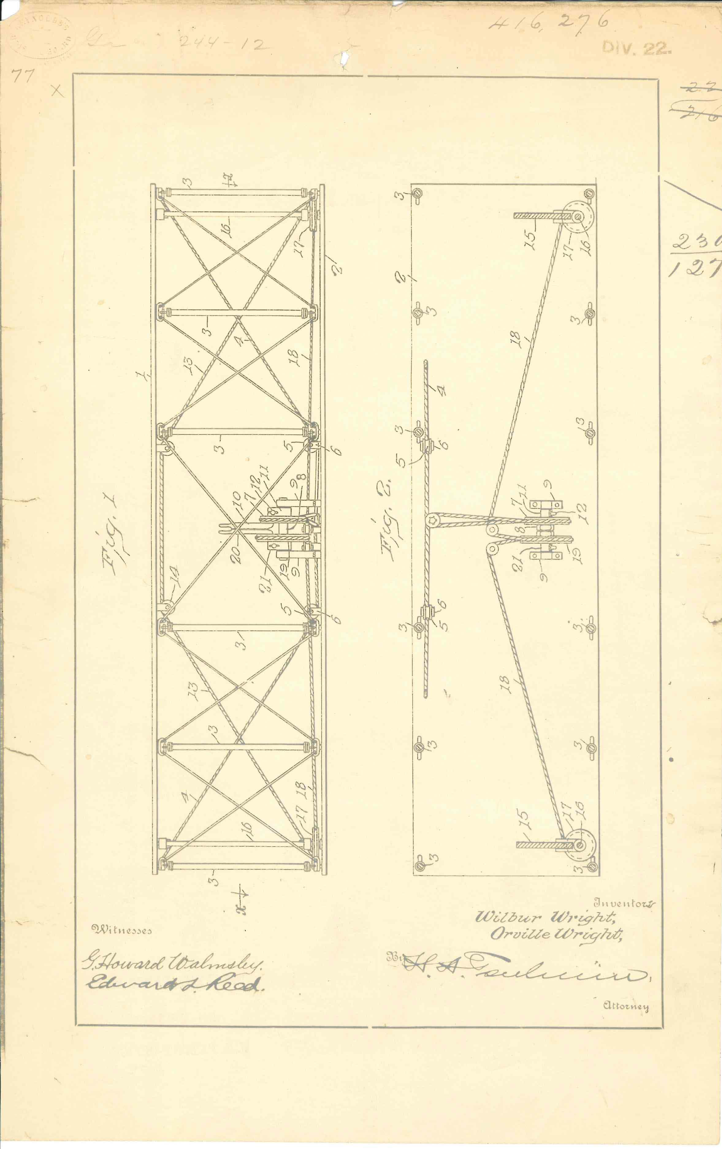 Original 1903 patent drawing for the Wright Brothers' Flying Machine, ink on paper, depicting the wing-warping rudder system.